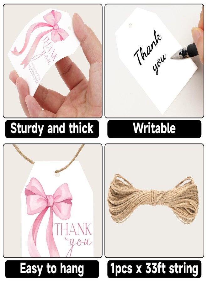 g2 بلس بطاقات شكر مزينة بفيونكة وردية من G2PLUS، بطاقات هدايا مزينة بفيونكة لحفلات استقبال المولود، 50 قطعة من ملصقات ورقية بيضاء مكتوب عليها "شكرًا لمشاركتكم فرحتي"، بطاقات معلقة لحفلات توديع العزوبية، وحفلات الزفاف، وحفلات أعياد الميلاد. - Image 3